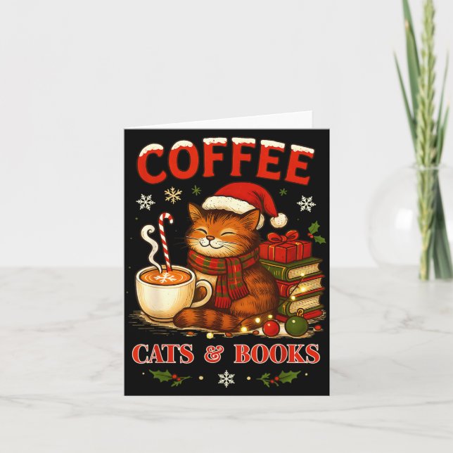 Funny Christmas Cute Coffee Cats Books Lover Women Card (Front)