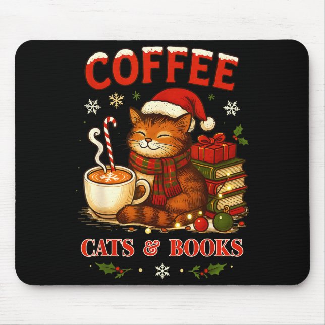 Funny Christmas Cute Coffee Cats Books Lover Women Mouse Mat (Front)