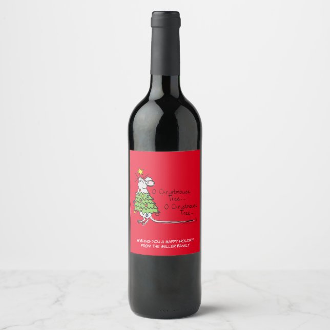 Funny Christmas Cute Mouse Tree Cartoon Wine Label (Front)