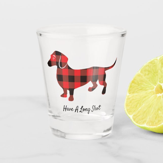 Funny Christmas Dachshund Flannel Plaid Shot Glass (Front)