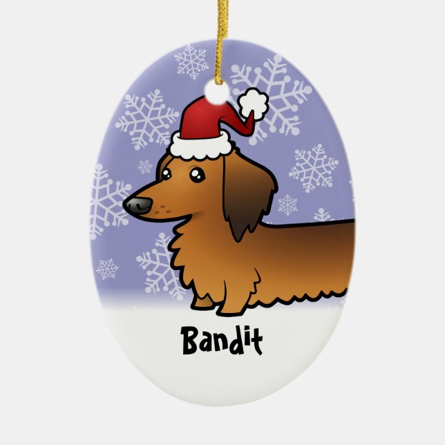 Funny Christmas Dachshund (longhair) Ceramic Tree Decoration (Front)