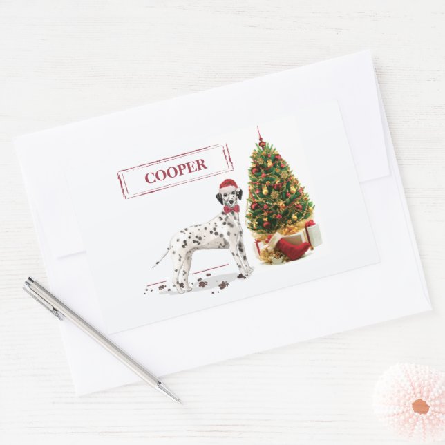 Funny Christmas Dalmatian Dog and Tree Rectangular Sticker (Envelope)