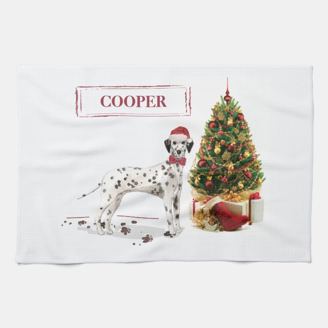 Funny Christmas Dalmatian Dog and Tree Tea Towel (Horizontal)