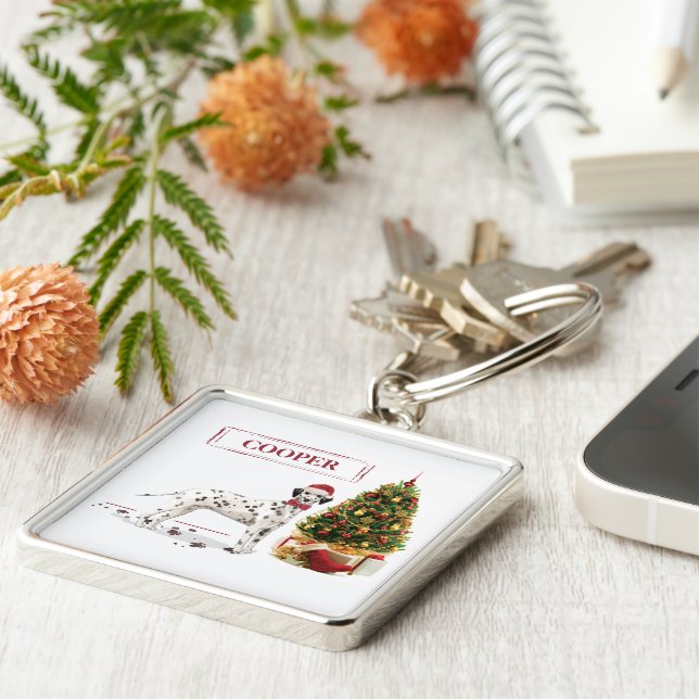Funny Christmas Dalmation Dog and Tree Key Ring (Side)
