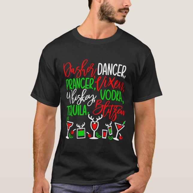 Funny Christmas Dasher Dancer Prancer Vixen Whiske T-Shirt (Front)