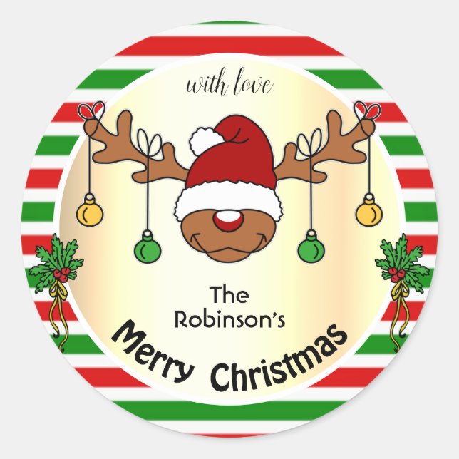 Funny Christmas Deer Red and Green Striped Custom Classic Round Sticker (Front)