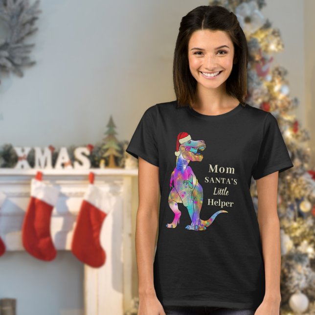 Funny Christmas Dinosaur Mum Quote T-Shirt (Christmas dinosaur mom Santas little helper T-Shirt colorful T-Rex din wearing a Santa Hat)