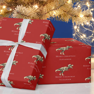 Funny Christmas Dinosaur Personalised Red Wrapping Paper