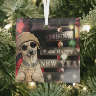 Funny Christmas Dog Drinking Bubble Tea Glass Tree Decoration
