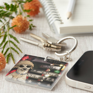 Funny Christmas Dog Drinking Bubble Tea Key Ring