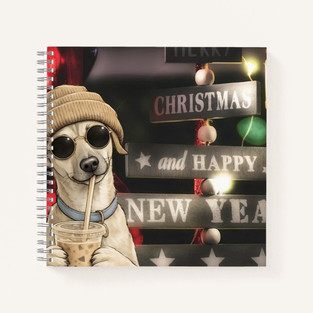 Funny Christmas Dog Drinking Bubble Tea Notebook (Front)