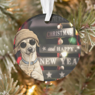 Funny Christmas Dog Drinking Bubble Tea Ornament
