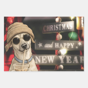 Funny Christmas Dog Drinking Bubble Tea Wrapping Paper Sheet