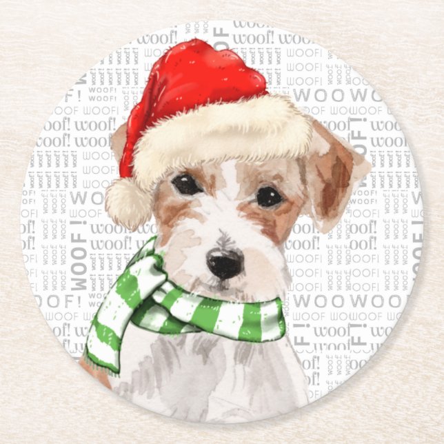 Funny Christmas Dog Jack Russell Terrier Breed  Round Paper Coaster (Front)