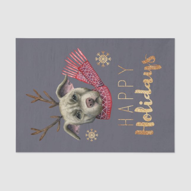 Funny Christmas Dog with Antlers | Happy Holidays Tissue Paper (Front)