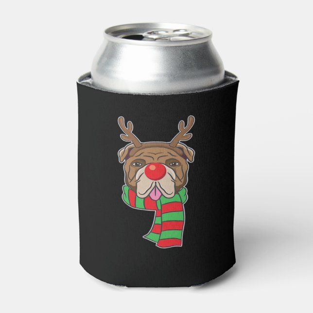 Funny Christmas Dog Xmas Reindeer Bulldog Holiday  Can Cooler (Can Front)