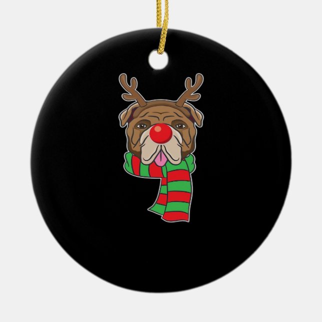 Funny Christmas Dog Xmas Reindeer Bulldog Holiday  Ceramic Tree Decoration (Front)
