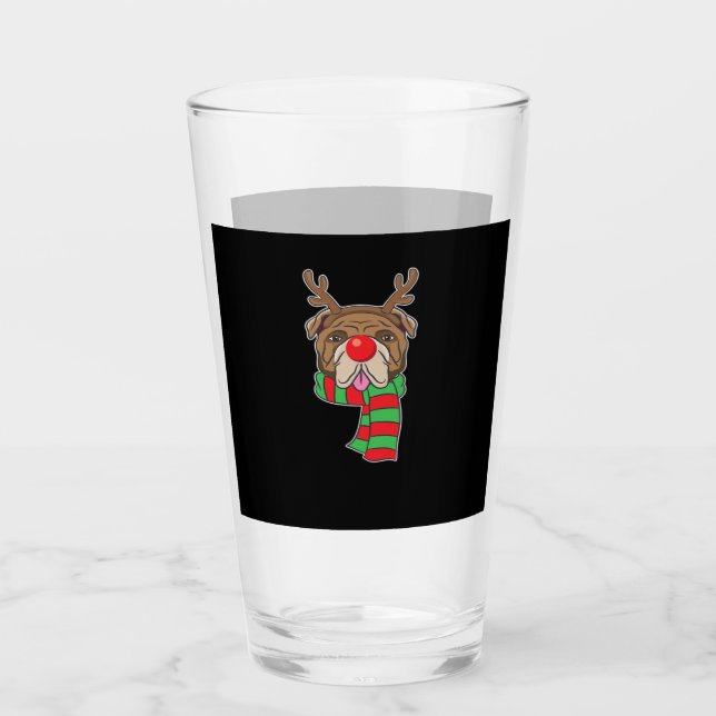 Funny Christmas Dog Xmas Reindeer Bulldog Holiday  Glass (Front)