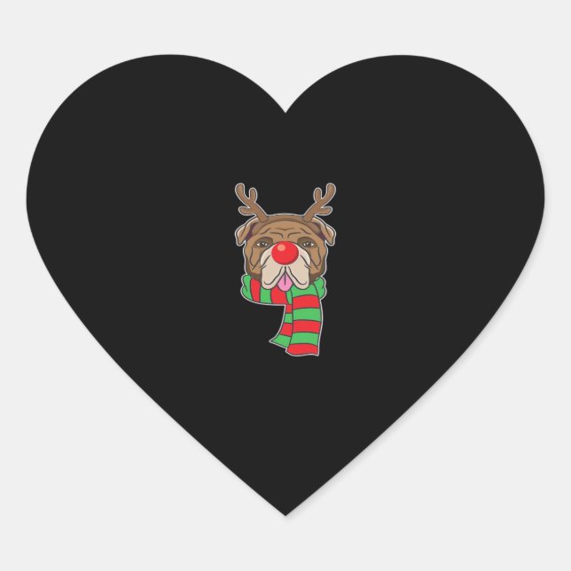 Funny Christmas Dog Xmas Reindeer Bulldog Holiday  Heart Sticker (Front)