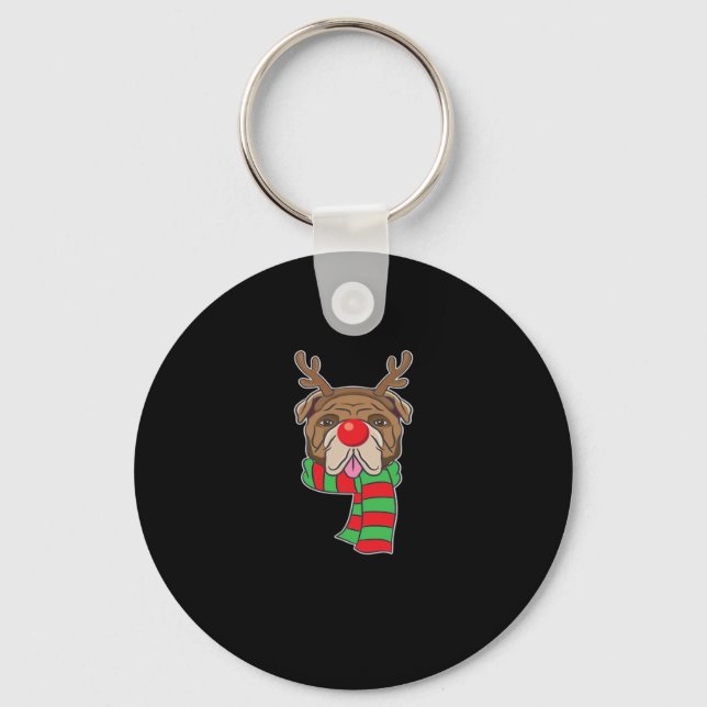 Funny Christmas Dog Xmas Reindeer Bulldog Holiday  Key Ring (Front)