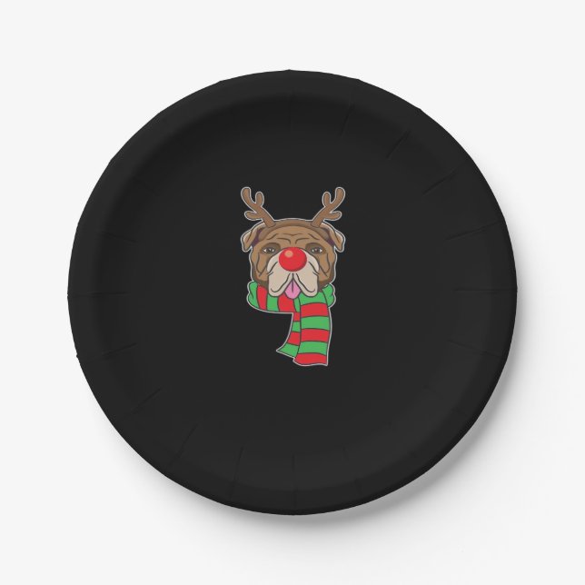 Funny Christmas Dog Xmas Reindeer Bulldog Holiday  Paper Plate (Front)