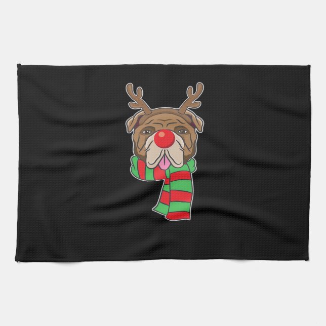 Funny Christmas Dog Xmas Reindeer Bulldog Holiday  Tea Towel (Horizontal)