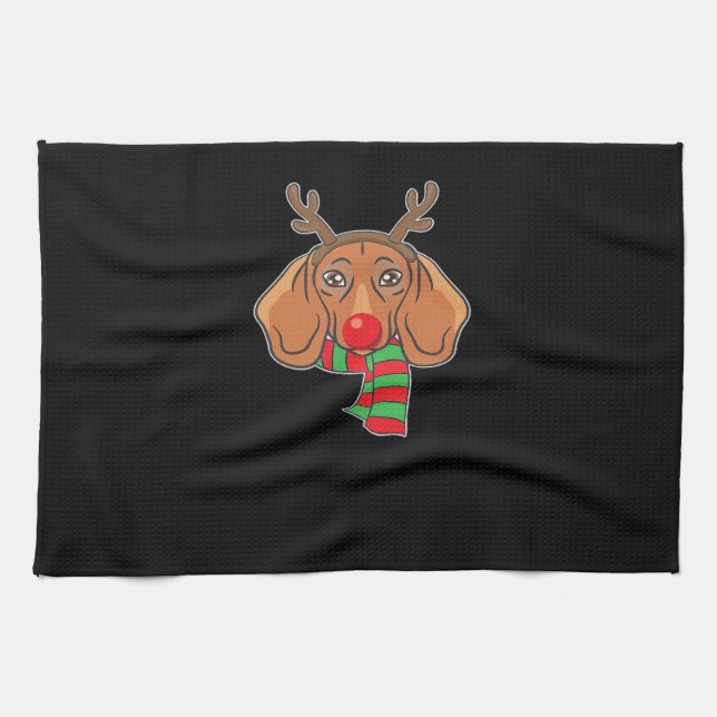 Funny Christmas Dog Xmas Reindeer Dachshund Holida Tea Towel (Horizontal)