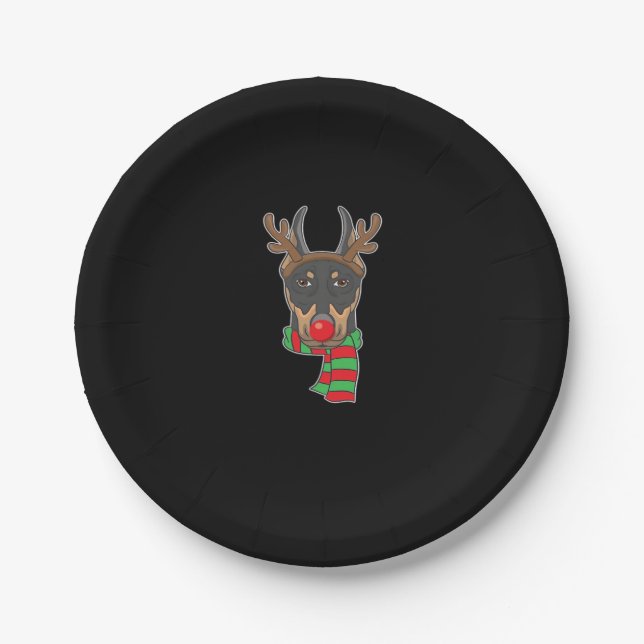 Funny Christmas Dog Xmas Reindeer Doberman Holiday Paper Plate (Front)