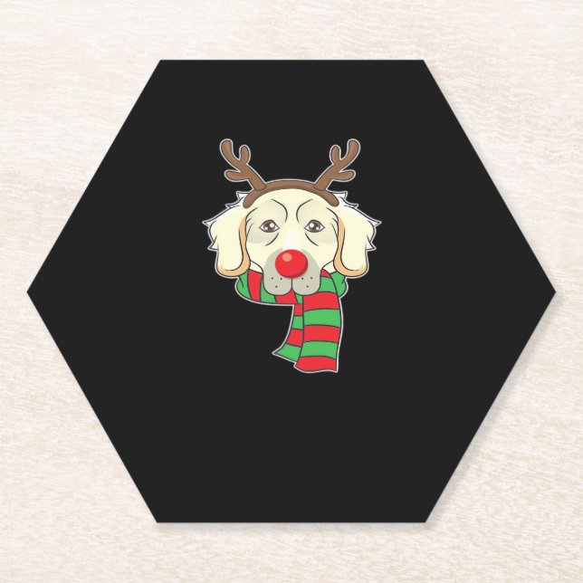 Funny Christmas Dog Xmas Reindeer Golden Retriever Paper Coaster (Front)