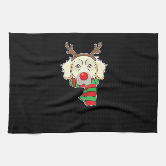 Funny Christmas Dog Xmas Reindeer Golden Retriever Tea Towel (Horizontal)