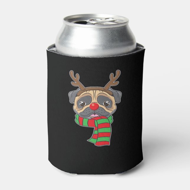 Funny Christmas Dog Xmas Reindeer Pug Holiday Gift Can Cooler (Can Front)