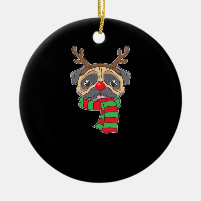 Funny Christmas Dog Xmas Reindeer Pug Holiday Gift Ceramic Tree Decoration (Front)