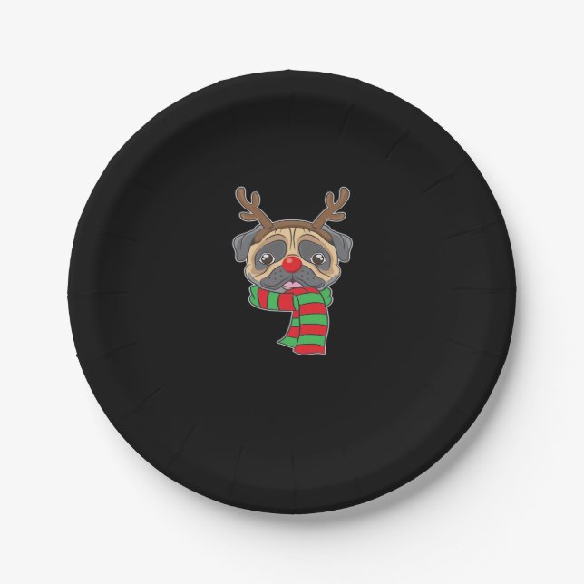 Funny Christmas Dog Xmas Reindeer Pug Holiday Gift Paper Plate (Front)