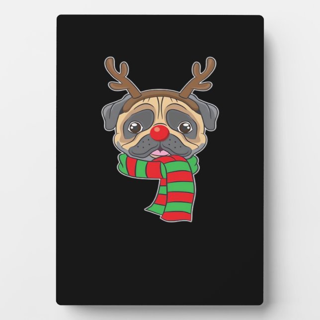 Funny Christmas Dog Xmas Reindeer Pug Holiday Gift Plaque (Front)