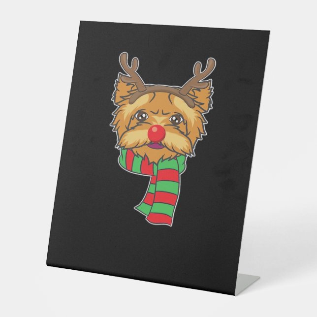 Funny Christmas Dog Xmas Reindeer Yorkshire Holida Pedestal Sign (Front)
