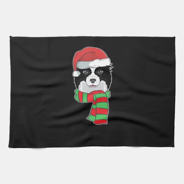 Funny Christmas Dog Xmas Santa Border Collie Holid Tea Towel (Horizontal)