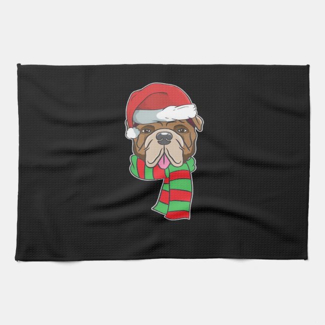 Funny Christmas Dog Xmas Santa Bulldog Holiday Gif Tea Towel (Horizontal)