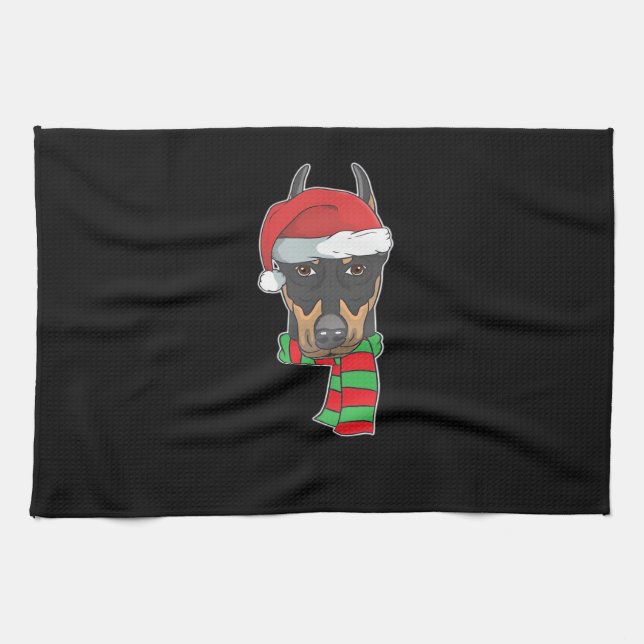 Funny Christmas Dog Xmas Santa Doberman Holiday Gi Tea Towel (Horizontal)