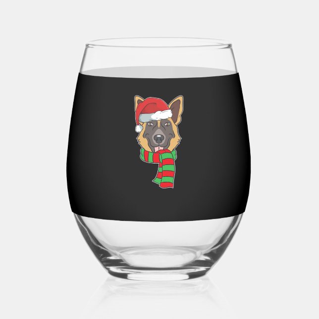 Funny Christmas Dog Xmas Santa German Shepherd Hol Stemless Wine Glass (Front)