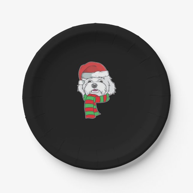 Funny Christmas Dog Xmas Santa Maltese Dog Holiday Paper Plate (Front)