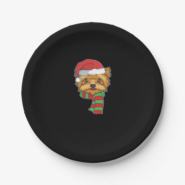 Funny Christmas Dog Xmas Santa Yorkshire Holiday G Paper Plate (Front)