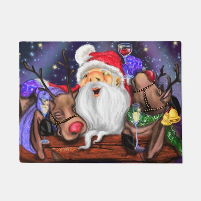Funny Christmas Doormat Santa with Reindeers (Front)