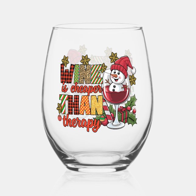 Funny Christmas drinking party  Stemless Wine Glass (Front)