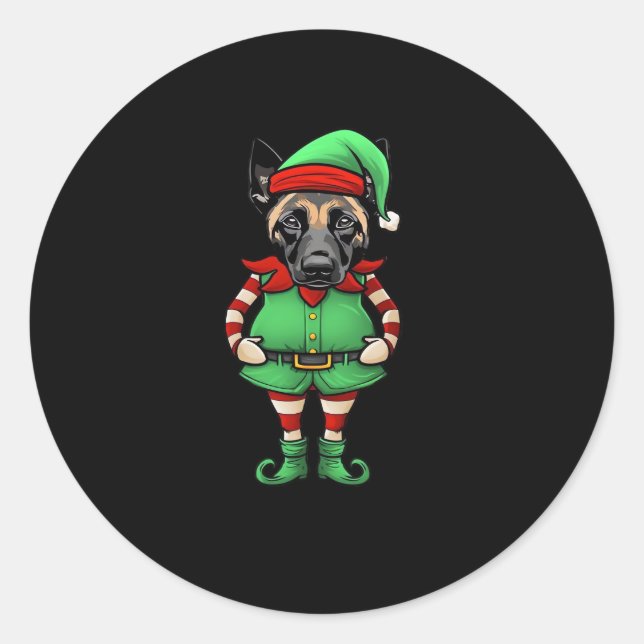 Funny Christmas Elf Belgian Malinois Dog Classic T Classic Round Sticker (Front)