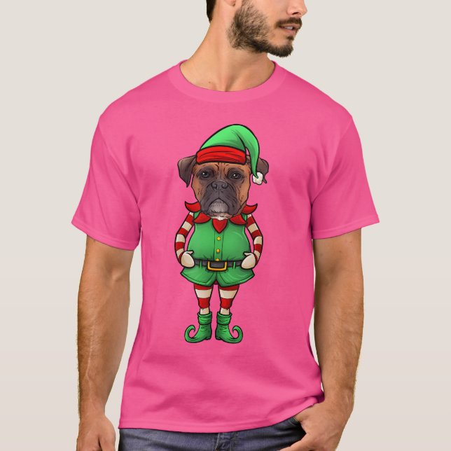 Funny Christmas Elf Boxer Dog T-Shirt (Front)
