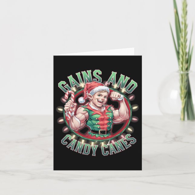 Funny Christmas Elf Gym Workout Gains And Candy Ca Card (Front)