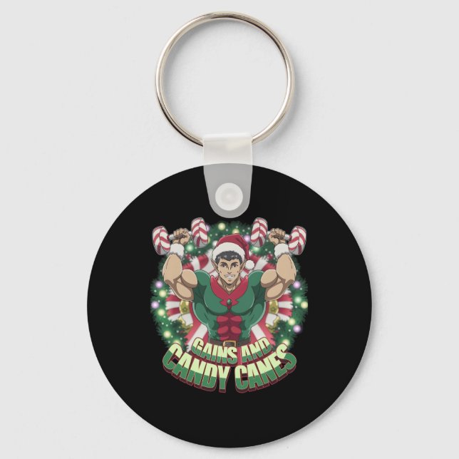 Funny Christmas Elf Gym Workout Gains And Candy Ca Key Ring (Front)