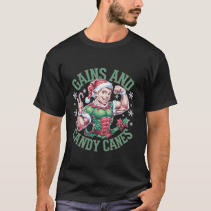 Funny Christmas Elf Gym Workout Gains and Candy Ca T-Shirt