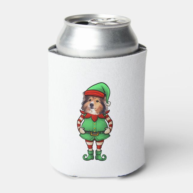 Funny Christmas Elf Shetland Sheepdog Dog Sheltie  Can Cooler (Can Front)