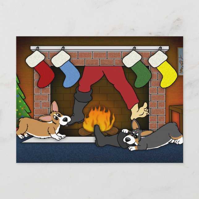 Funny Christmas Fireplace Corgis Holiday Postcard (Front)